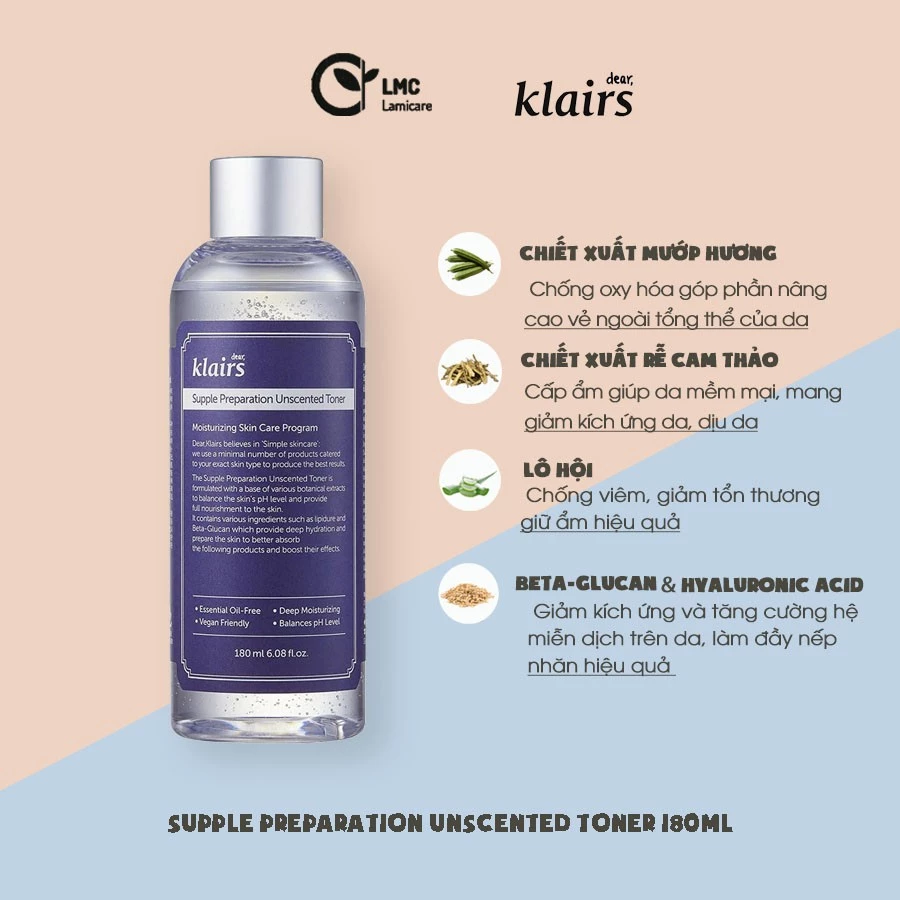 Nước Hoa Hồng Dear Klairs Supple Preparation Unscented Toner 180ml - Skinhub