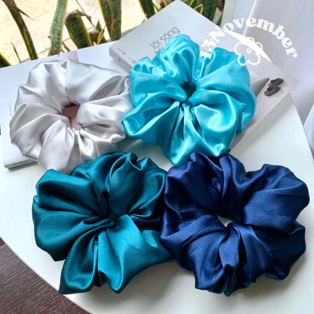 [SIÊU TO] Scrunchies Vải Lụa Satin, Phi Bóng Cao Cấp Tone Xanh Hàn Quốc Size To Nhún Sang Chảnh