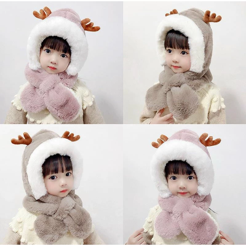 Mũ nón len sừng hưu kèm khăn lông thỏ cho bé trai và bé gái cực ấm PHONG CÁCH HÀN QUỐC