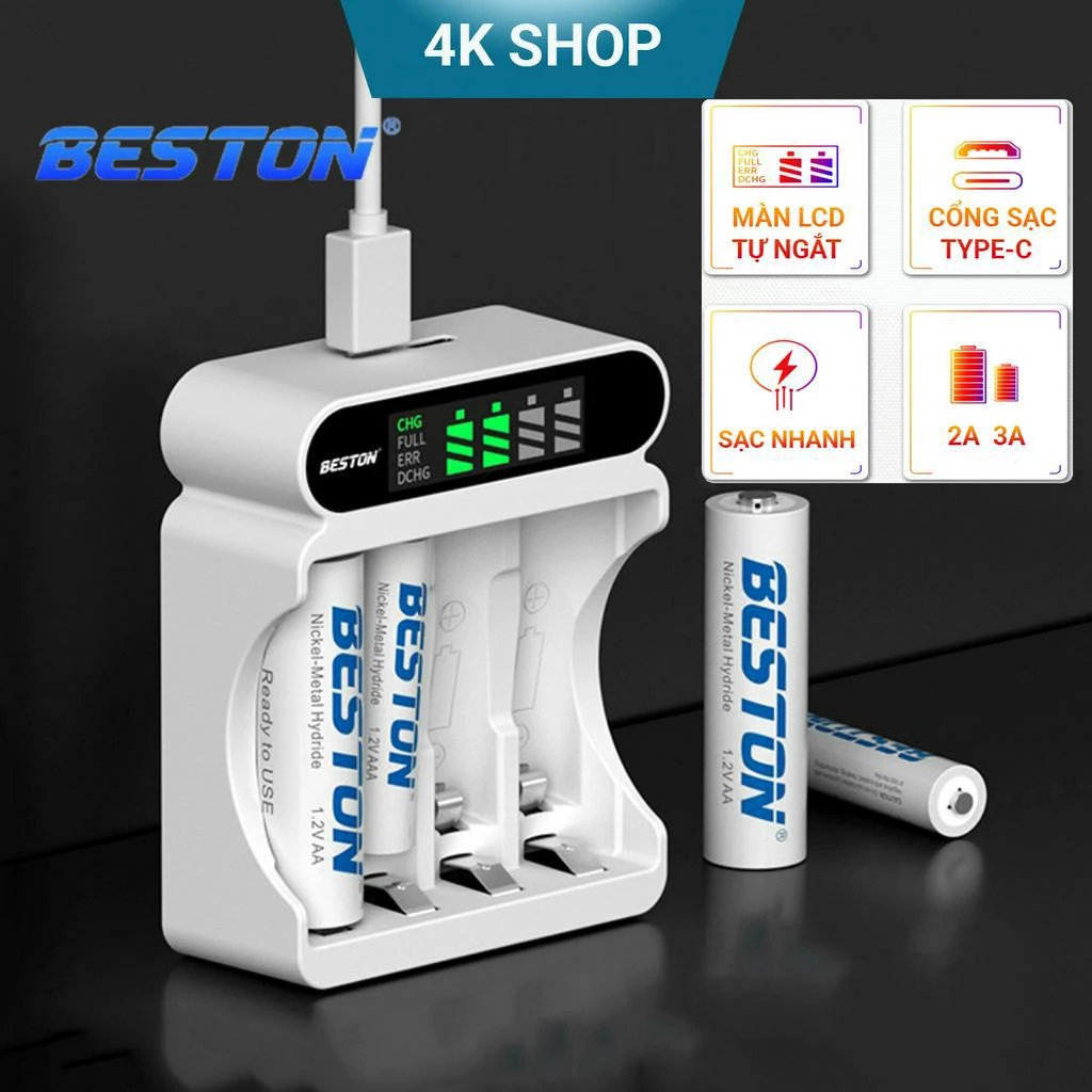 Pin BESTON AA và AAA sạc tái sử dụng chính hãng bền bỉ bộ sạc thông minh tự ngắt