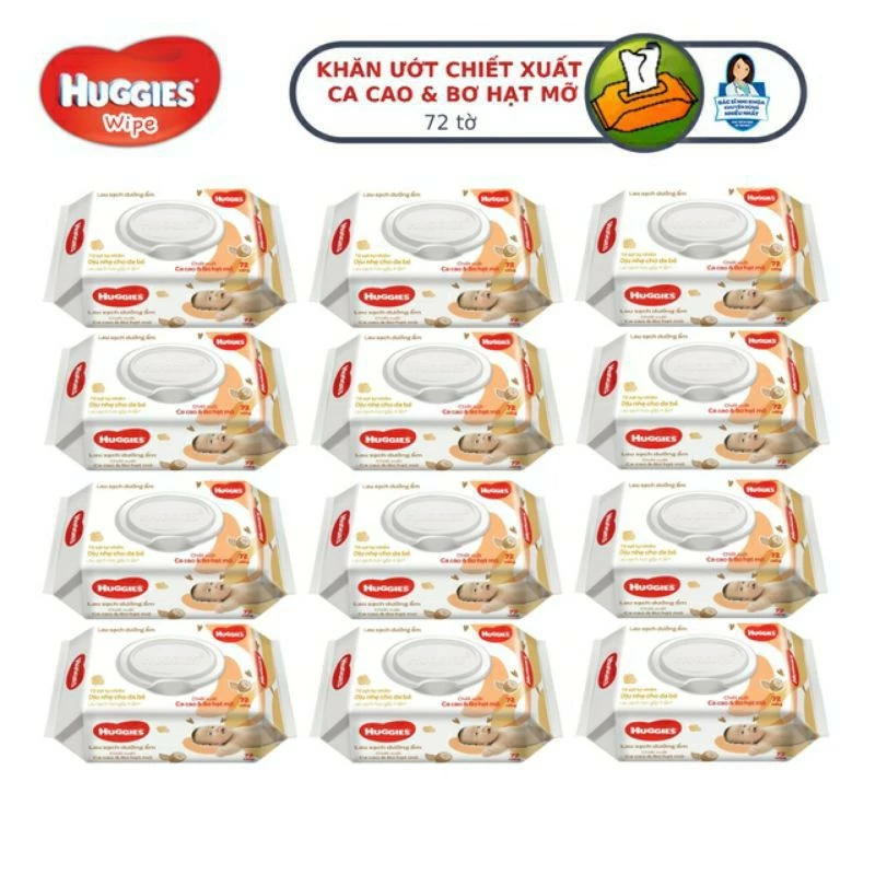 Thùng 12 gói khăn ướt Huggies Bơ- Cacao 72 miếng/1gói