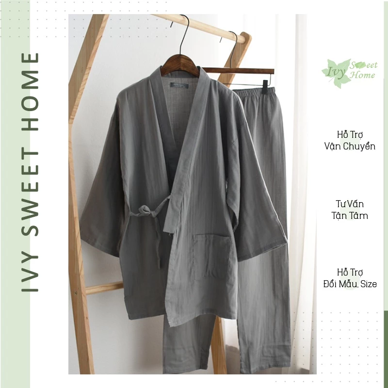 Kimono Vải Xô Nhật 🌵 Yukata Bộ Mặc Nhà Hè Nam Nữ Thoáng Mát 🌵Họa Tiết Sóng IVY239