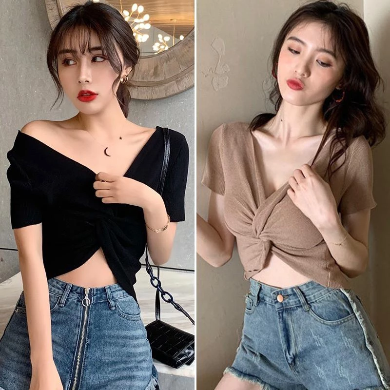 Áo Croptop Dệt Kim Tay Ngắn Thiết Kế Trễ Vai Quyến Rũ