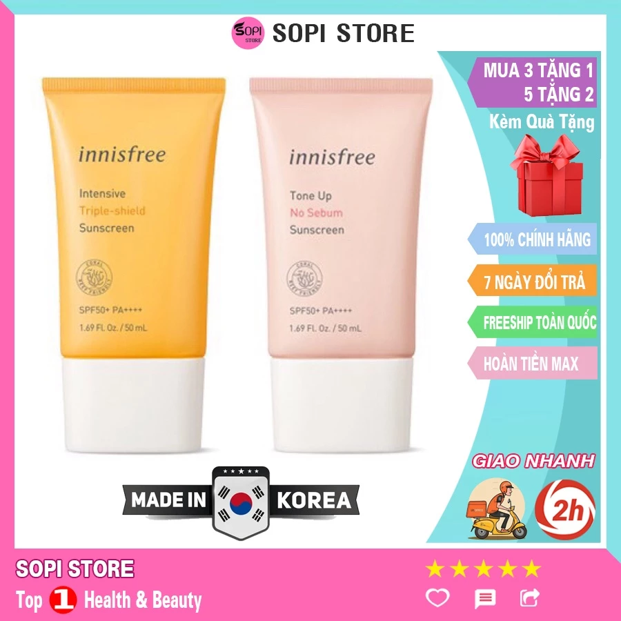 [3 Tặng 1] Kem chống nắng innisfree nâng tone kiềm dầu chống lão hoá SPF50+ PA++++ 50ml