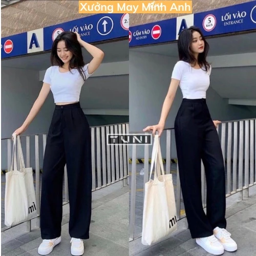 Quần ống Rộng Quần Suông Lưng Cao Khóa Trước 1 Khuy Vải Tuyết Mưa Hách Dáng MA8888