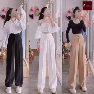 Quần Ống Rộng Suông lưng cao khóa trước 1 khuy chất tuyết mưa khuy giữa quần culottes ống xuông cạp cao cho nữ 008