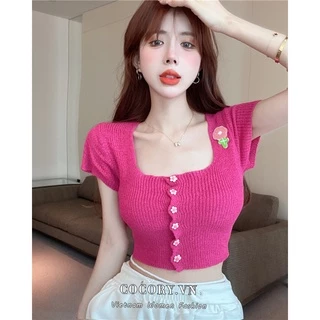 Cocorygirl Áo Cardigan Croptop Dệt Kim Tay Ngắn Cổ Vuông Màu Đỏ Hồng Thời Trang Mùa Hè Quyến Rũ Cho Nữ