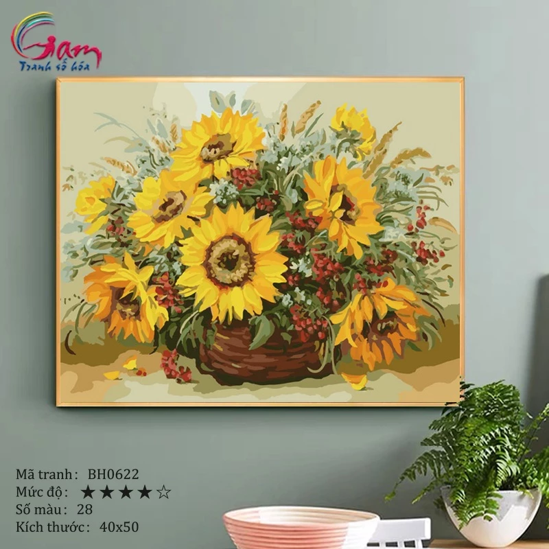 Tranh sơn dầu số hóa tự tô màu theo số Gam Giỏ Hoa Hướng Dương dày 2.5cm căng khung 40x50cm BH0622