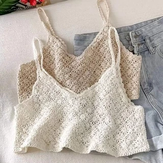 Áo croptop nữ không tay cổ V đan móc hoa thời trang vintage