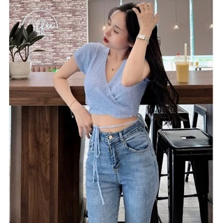 [Ảnh thật+Clip] Áo Croptop Vạt Buộc Chéo Cổ Chữ V Sexy Lưng Tim - Hanju