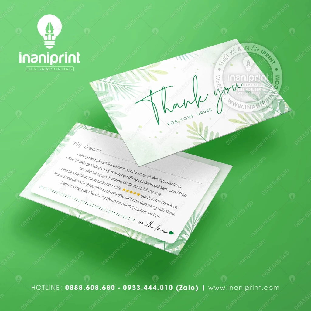 Card Cám Ơn, Thiệp Cám Ơn, Giấy Cám ơn, Thank You Card - 2 mặt - LÁ XANH 006