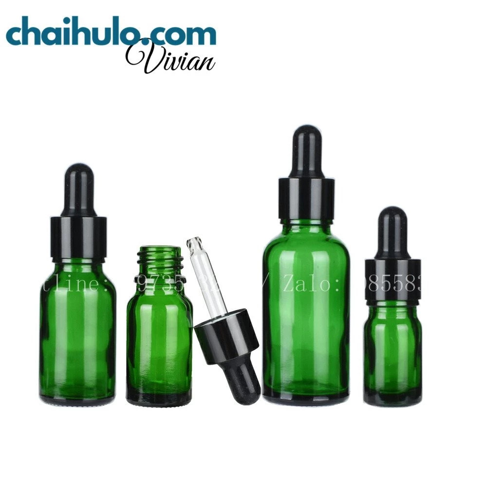 Chai lọ đựng tinh dầu, serum, mỹ phẩm, xanh lá bền đẹp nắp bóp đen khoen đen đủ mọi dung tích