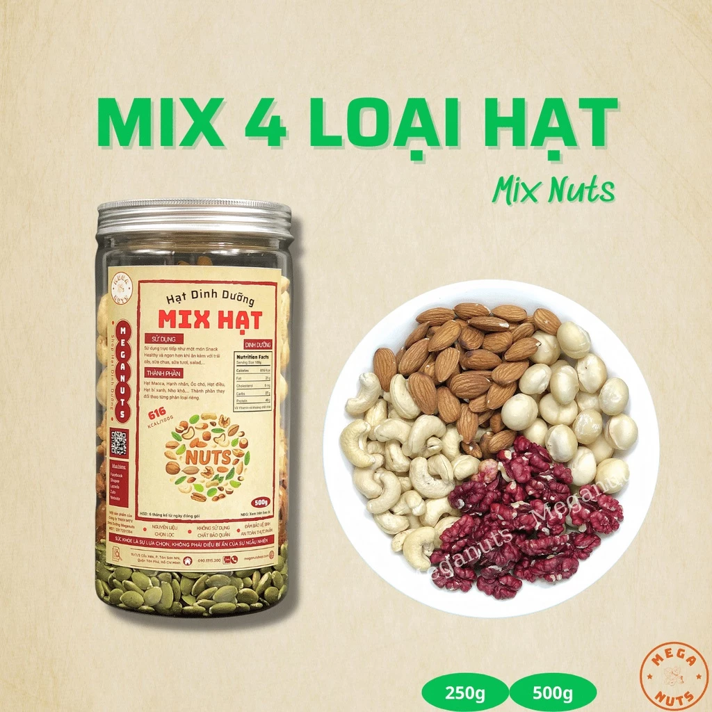 Hạt Dinh Dưỡng Mix 4 Loại Hạt Meganuts Đã Sấy Chín Ăn Liền - Hạt Ngũ Cốc Dinh Dưỡng Cao Cấp siêu ngon cho mẹ bầu 500g