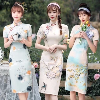 Đầm sườn xám cách tân dáng ôm in hoa phong cách retro trung hoa xinh xắn cho