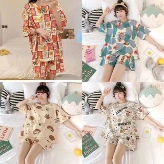 Bộ đồ nữ dễ thương, quần áo ngủ, đồ mặc nhà cộc tay cotton mùa hè mềm mịn thoáng mát HE04