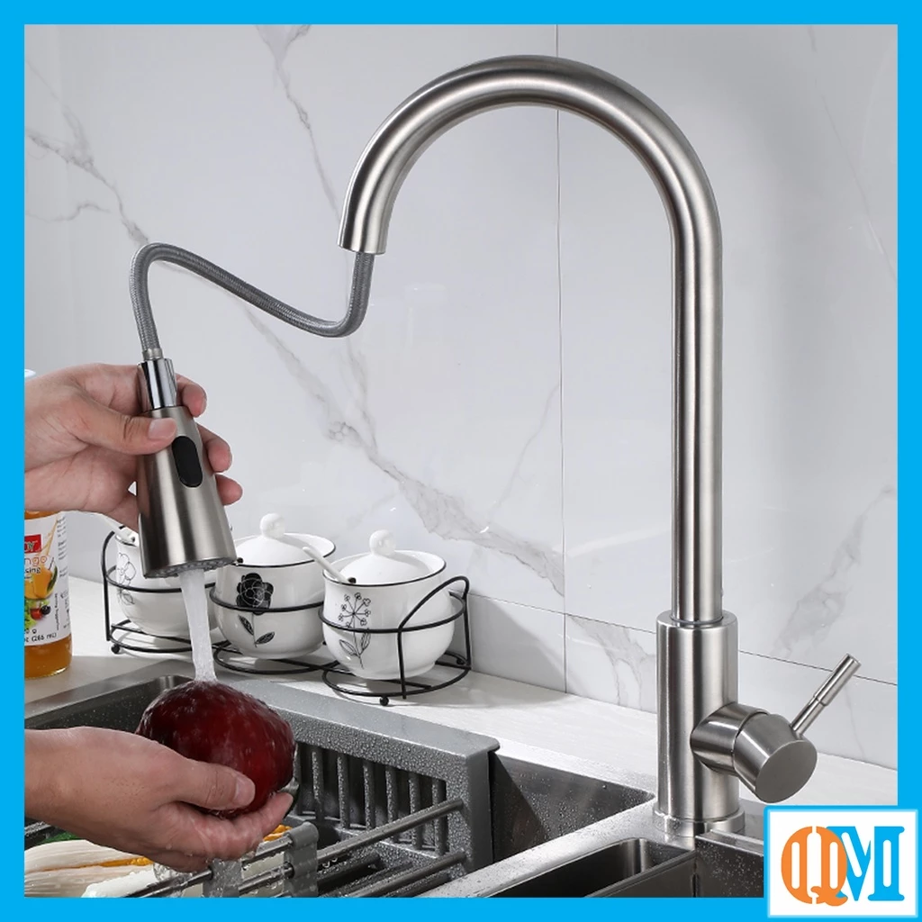 Vòi bồn rửa chén bát nóng lạnh có dây rút kéo dài bằng Inox 304 mờ - tặng cặp dây cấp nóng lạnh inox