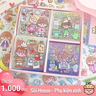 [Deal 1k] Lẻ 1 tờ sticker size 8x8cm hình cô gái và bé thỏ dễ thương trang trí điện thoại,thùng rác mini,... Sồi House