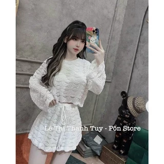 [8.8 Sales Freeship] Set áo croptop xốp cổ tròn tay loe + quần short phồng, set ren loe mẫu hot trend đi biển siêu xinh