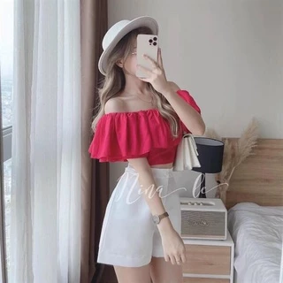 Set bộ đi chơi tiệc, quần short áo croptop kiểu nữ trễ vai phong cách dễ thương nhẹ nhàng