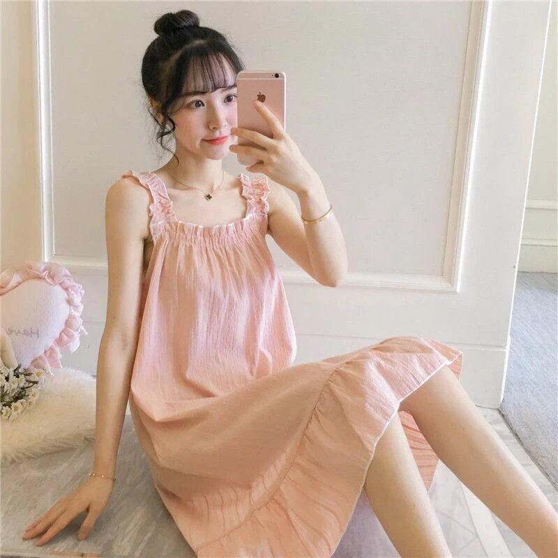 Mùa hè địu nữ váy ngủ mùa hè mỏng dệt bông dễ thương ngọt ngào nơ phong cách cổ tích váy ngủ không tay