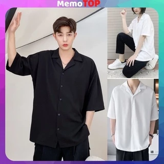 Áo sơ mi ngắn tay Nam Nữ Cổ Vest TRƠN trắng và đen - Kiểu sơ mi tay ngắn form rộng Memotop MM05