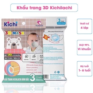 Túi 3 khẩu trang 3D gấu Kichilachi có thể điều chỉnh quai cho bé từ 1-6 tuổi