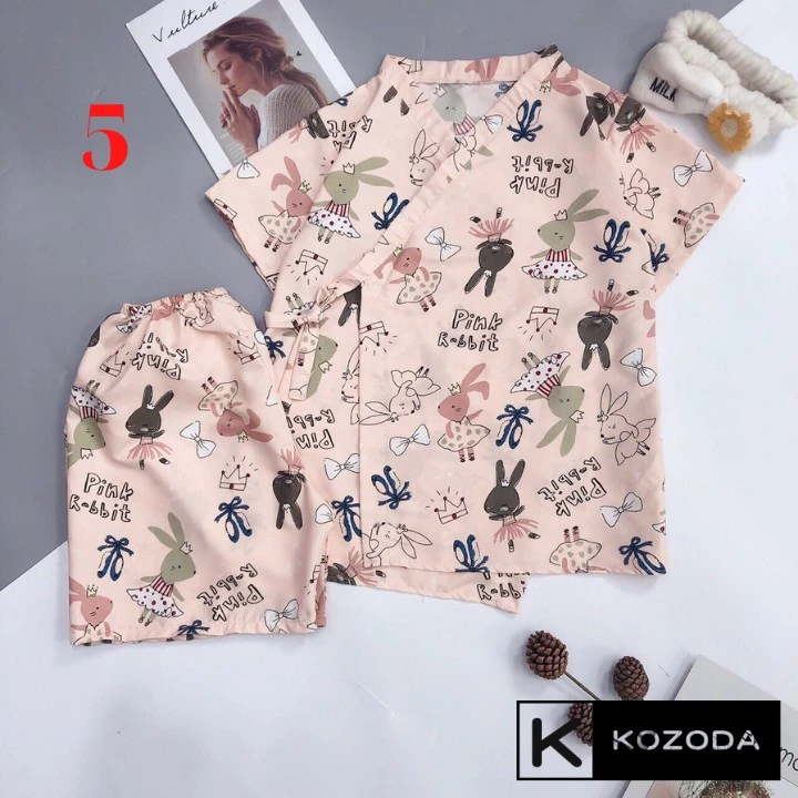 Đồ ngủ yukata Kimono Cộc Tay Nữ Set pijama buộc nơ in hình cute, quần áo ngủ mặc ở nhà, mùa hè Ulzzang Kozoda M45