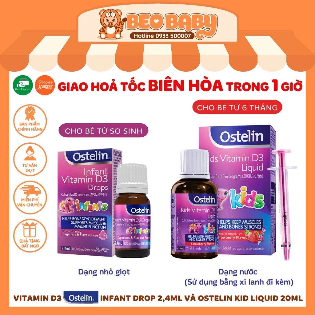 Vitamin D3 Ostelin Infant Drop 2,4ml Và Ostelin Kid Liquid 20ml Cho Bé Từ Sơ Sinh