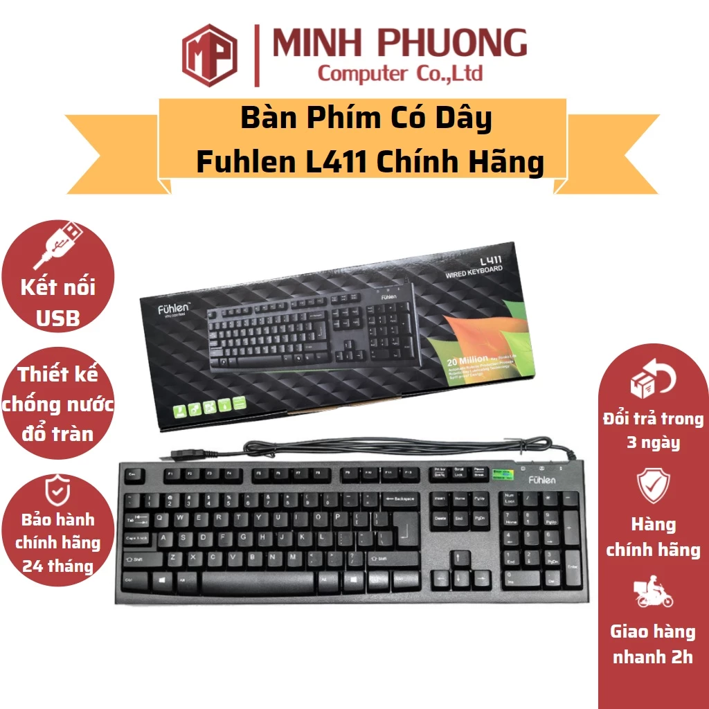 Bàn phím có dây Fuhlen L411 USB Black dành cho máy tính, văn phòng tiện lợi - Hàng chính hãng