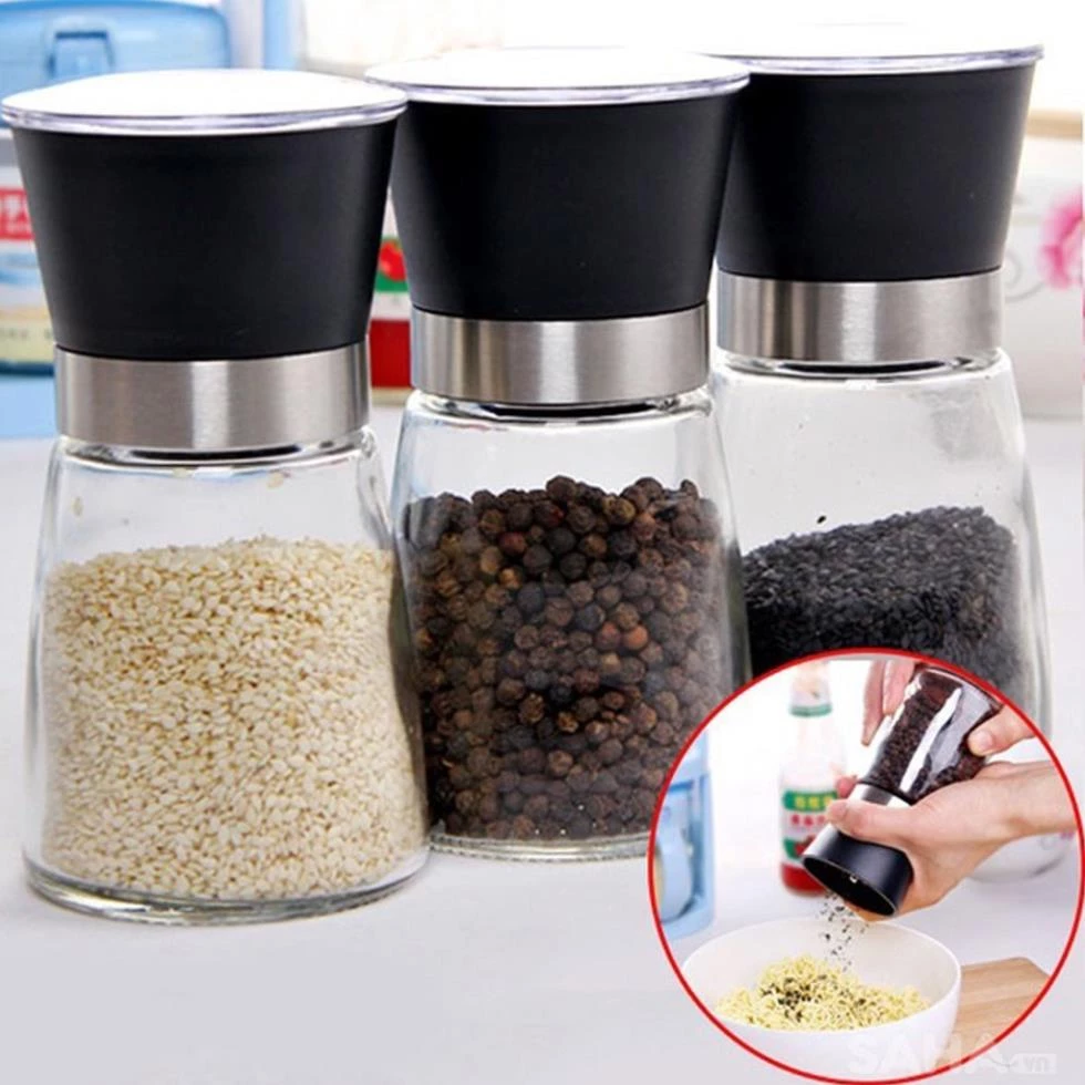 Lọ xay tiêu thủy tinh nắp nhựa cầm tay mini tiện lợi