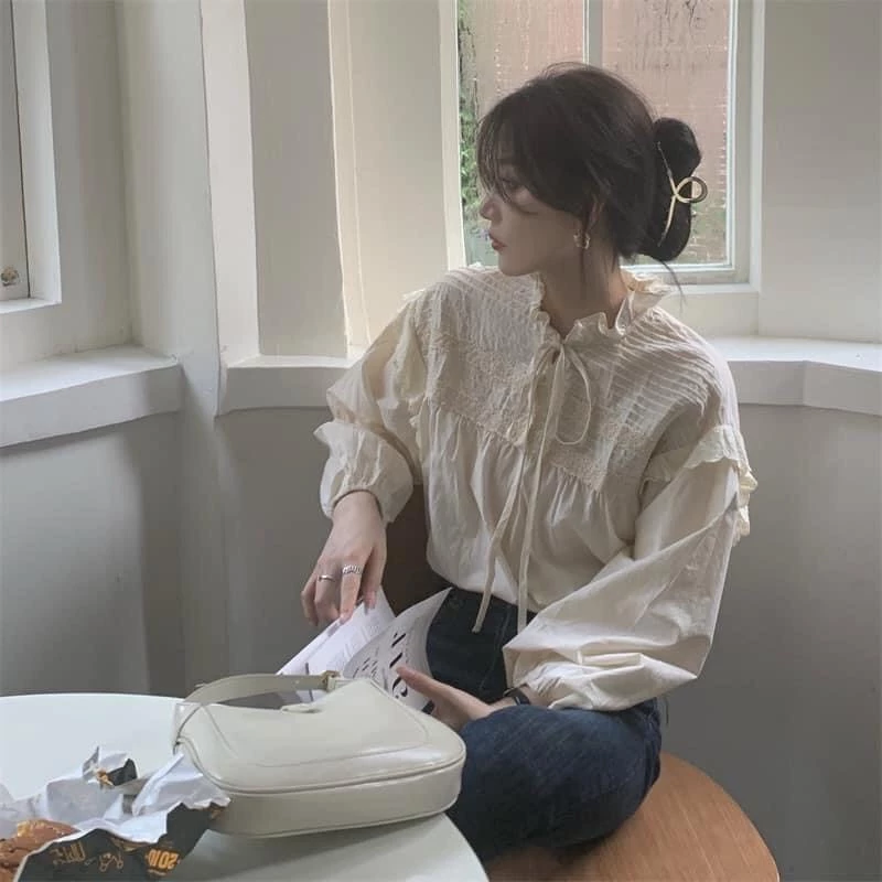 [Ảnh thật/Sẵn] Áo sơ mi babydoll viền ren cánh tiên thắt nơ dài tay ulzzang
