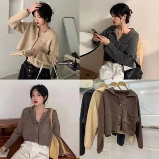 Áo Len Croptop Nữ Màu Be Ghi Nâu Cổ Sơ Mi Có Túi Ngực Dáng Suông Phong Cách Hàn Loại 1