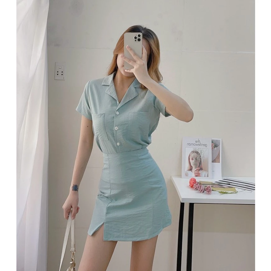 [SHIP HỎA TỐC] SET SƠ MI - THỜI TRANG CÔNG SỞ - SET ÁO SƠ MI + CHÂN VÁY A - MÈO IN DA HOUSE