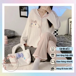 (Hàng Mới Về) Bộ Cotton Gân Dài Cực Thoải Mái Có Hình Thỏ Thêu Trước Ngực Xinh Xắn Hàng QC Đẹp