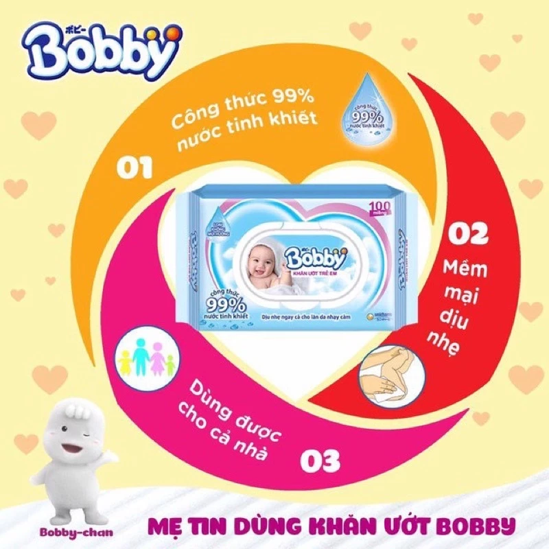 Khăn ướt Bobby không mùi 100 tờ/gói (Xanh)