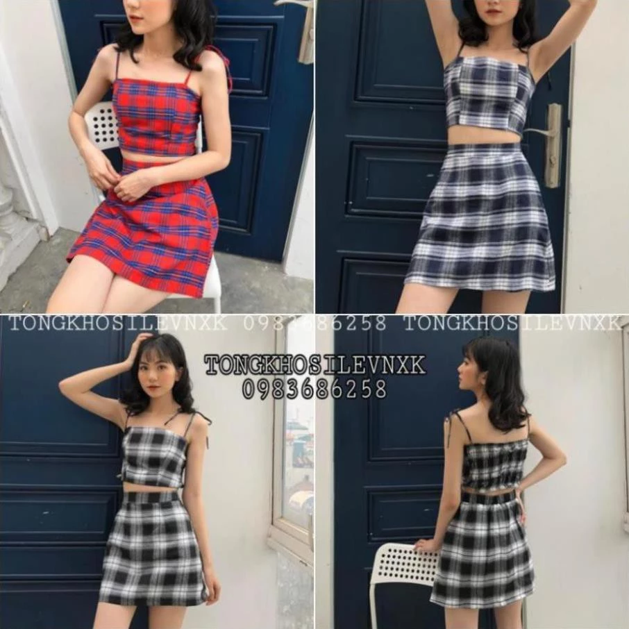 [SaleOFF] (có đệm ngực) SET ÁO CROPTOP 2 DÂY CARO THẮT NƠ MIX CHÂN VÁY KẺ CHỮ A ULZZANG -(Sắn) TTNN