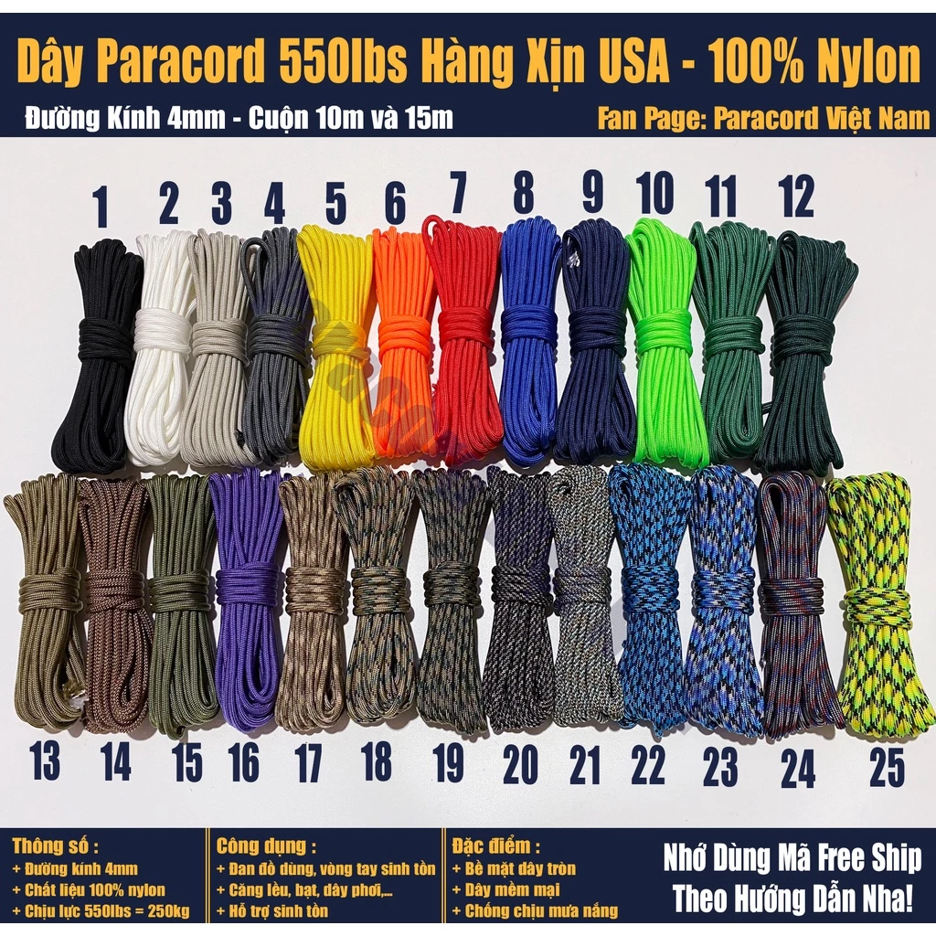 (Cuộn 10m-15m ) Dây dù Paracord 550lbs Hàng Xịn USA 100% Nylon