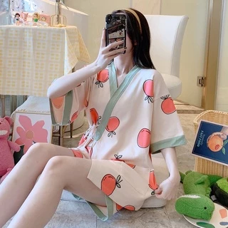 SUSQ2 Đồ Ngủ Kimono nữ đẹp mặc nhà phi bóng thắt eo quần lửng ngắn cute Bộ Pijama kiểu Nhật yukata lụa cộc tay buộc dây