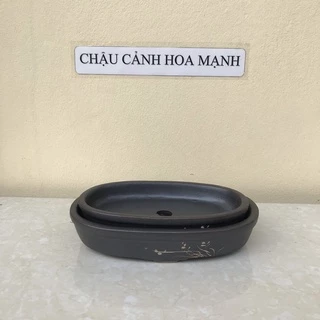 Chậu Oval bonsai sen đá mini khắc màu đen gốm Bát tràng 2 size SP420