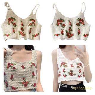 Áo croptop dệt kim không tay thêu họa tiết hoa lá phong cách Bohemian thời trang mùa hè cho nữ