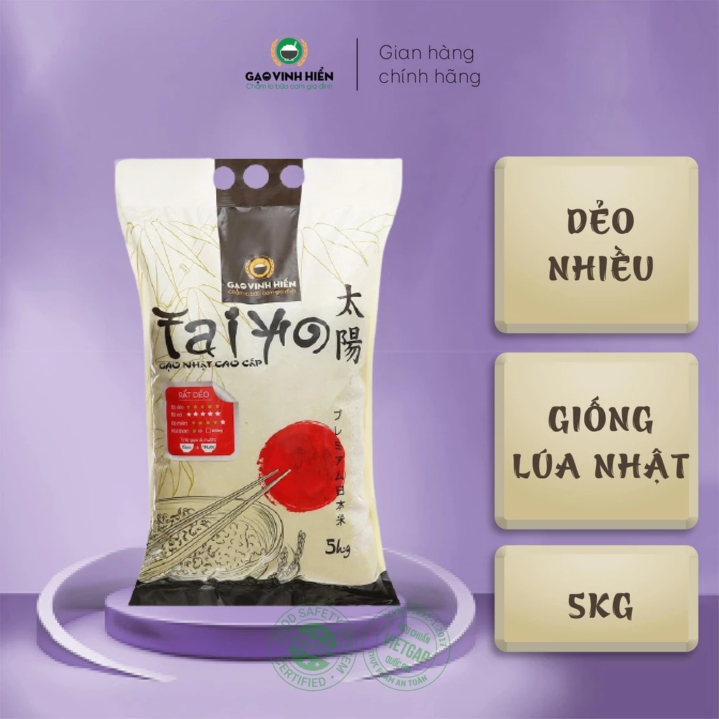 Gạo Nhật Taiyo Vinh Hiển cao cấp 5kg - Dẻo nhiều, mềm thơm, ngon cơm