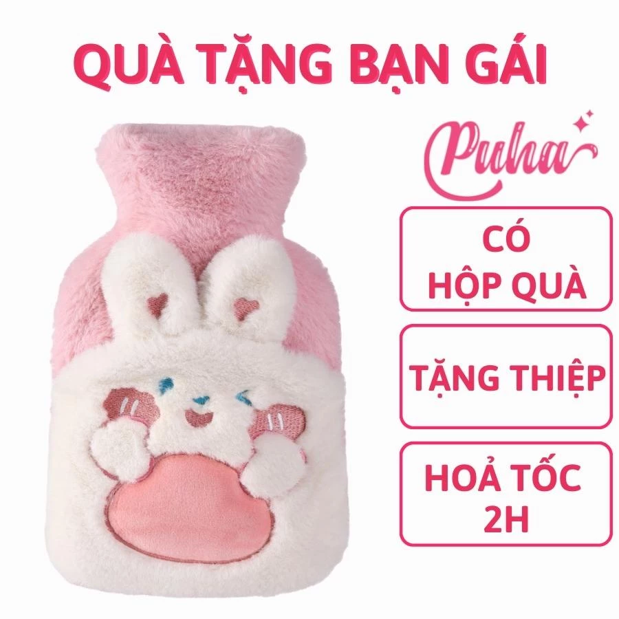 Túi chườm nóng đau bụng kinh PUHA 500ml, túi chườm ấm nóng sưởi bụng giảm đau cho nữ, Thỏ Cafe