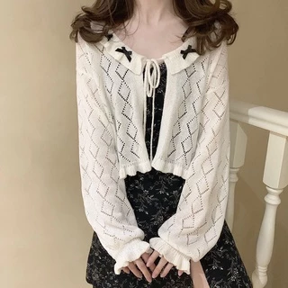 Jiashucheng Áo Khoác Cardigan Dệt Kim Tay Dài Buộc Dây Kiểu Retro Thời Trang Mùa Hè Cho Bạn Gái