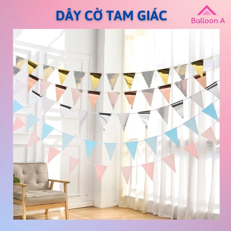 Dây Cờ Tam Giác Ép Kim Dây Dài 1.5M Trang Trí Sinh Nhật Kỷ Yêu Khai Trương Loại Đẹp