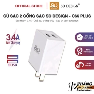 Củ Sạc Nhanh 3.4A C66 Plus 2 Cổng sạc Usb chính hãng SD DESIGN hỗ trợ sạc cho phone, Samsung, Xiaomi, Pin Dự Phòng