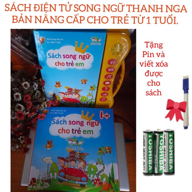 Sách Nói Điện Tử Song Ngữ Anh- Việt  Thanh Nga bản nâng cấp cho trẻ từ 1-7 tuổi.Tặng kèm pin, bút mực xóa được cho bé