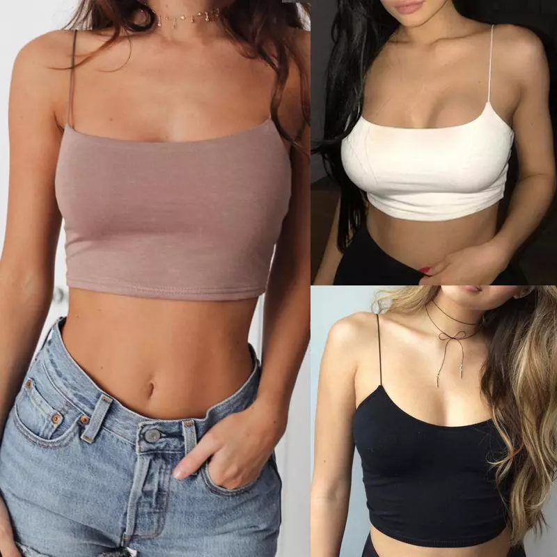 Áo thun croptop dây mảnh màu trơn hở eo thời trang nữ gợi cảm