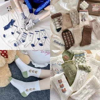 1 Đôi Tất Cotton Ngang Bắp Chân In Hình Gấu Thỏ Hoạt Hình Phối Ren Màu Trắng / Xanh Dương Thời Trang Mùa Thu Cho Bạn