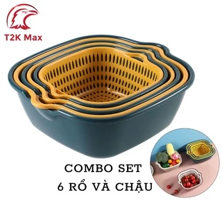 Bộ rổ nhựa đa năng kèm chậu 6 món chữ nhật đựng đồ ráo nước tiện lợi - T2K Max