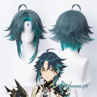 Genshin Impact Xiao Cosplay 40cm Xanh Hỗn Hợp Tóc Giả Cosplay Anime Cosplay Tóc Giả Chịu Nhiệt Tổng Hợp Tóc